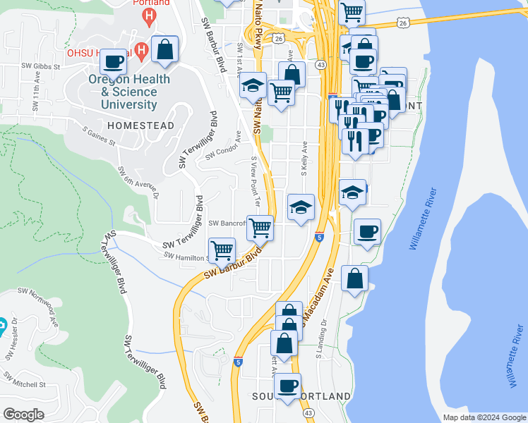 map of restaurants, bars, coffee shops, grocery stores, and more near 4126 Southwest View Point Terrace in Portland