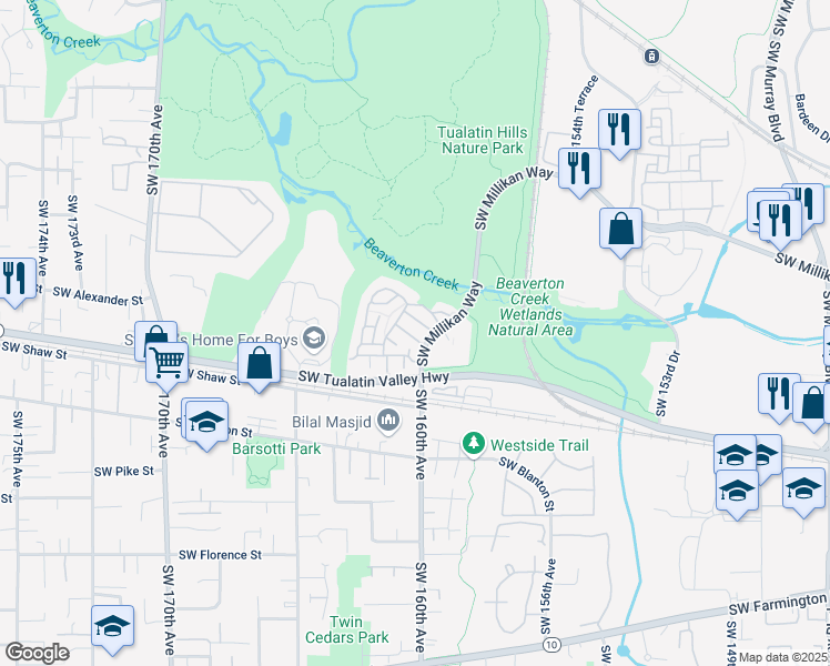 map of restaurants, bars, coffee shops, grocery stores, and more near 16000 Southwest Audubon Street in Beaverton
