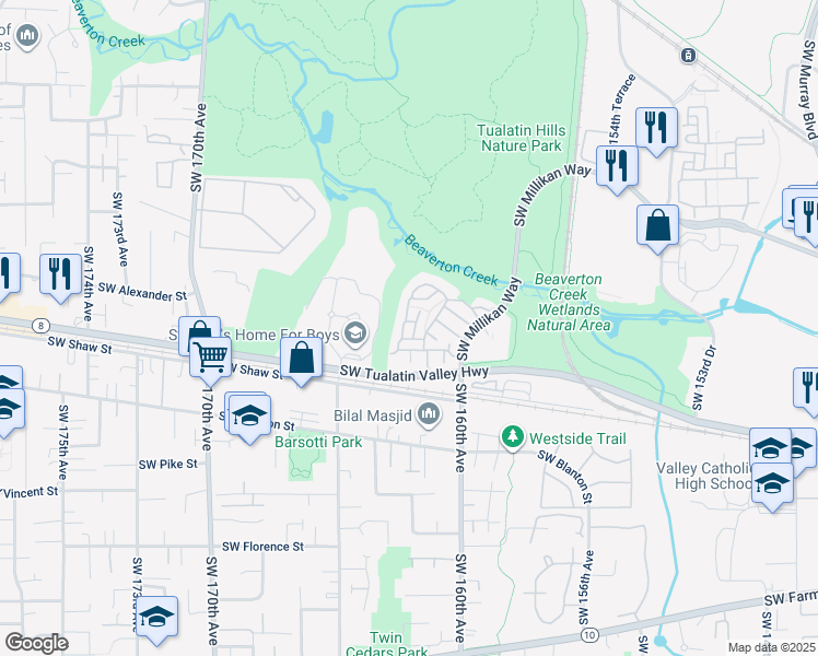 map of restaurants, bars, coffee shops, grocery stores, and more near 16109 Southwest Audubon Street in Beaverton
