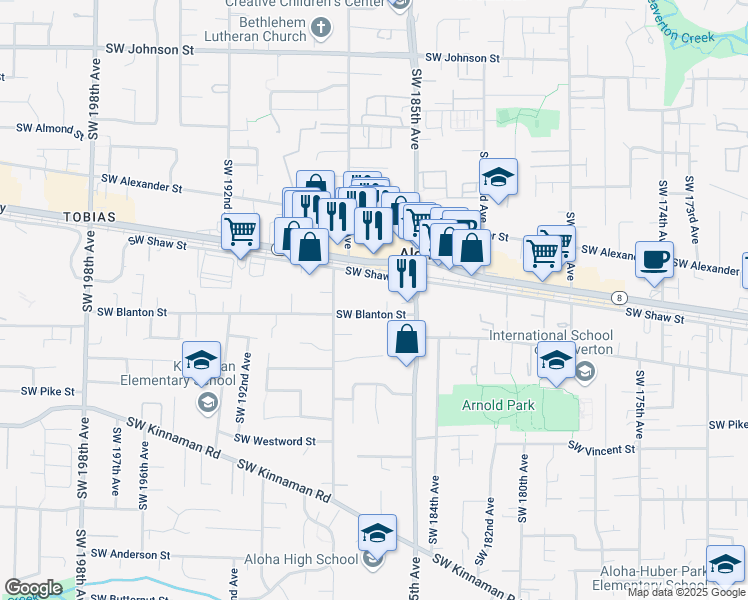 map of restaurants, bars, coffee shops, grocery stores, and more near 18664 Southwest Shaw Street in Beaverton