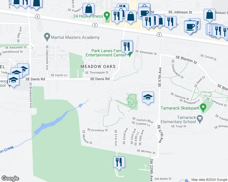 map of restaurants, bars, coffee shops, grocery stores, and more near 6121 Southeast Genrosa Street in Hillsboro