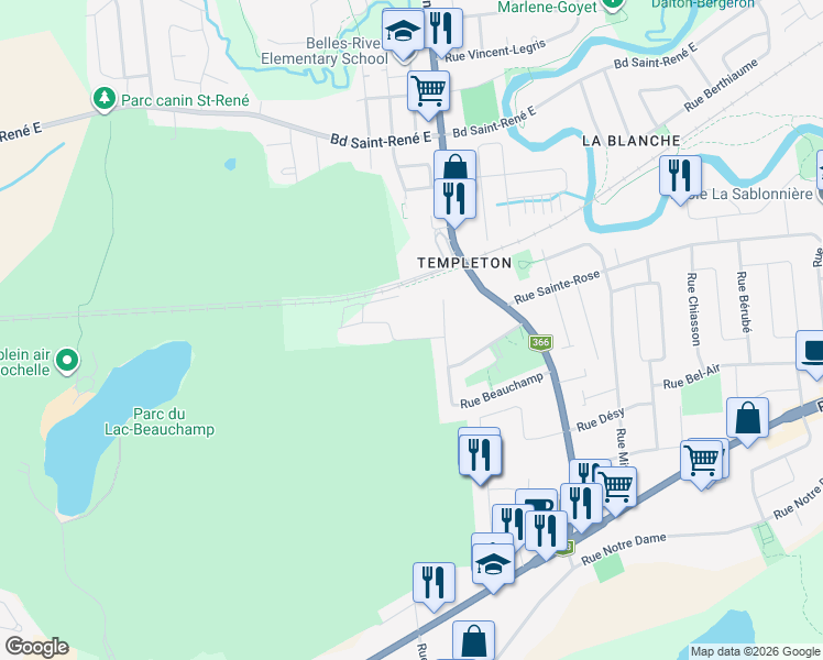 map of restaurants, bars, coffee shops, grocery stores, and more near 14 Rue Larabie in Gatineau