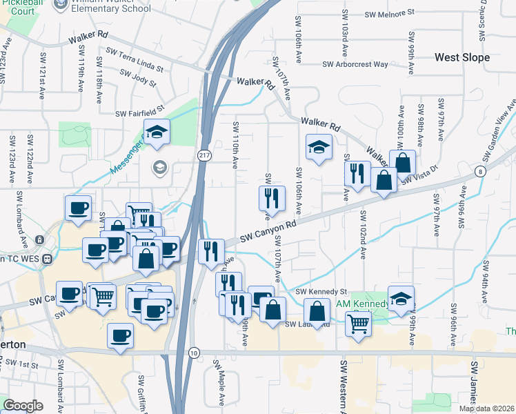 map of restaurants, bars, coffee shops, grocery stores, and more near 3610 Southwest 110th Avenue in Beaverton