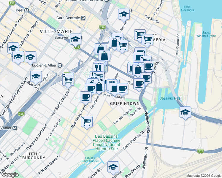 map of restaurants, bars, coffee shops, grocery stores, and more near 1214 Rue William in Montréal