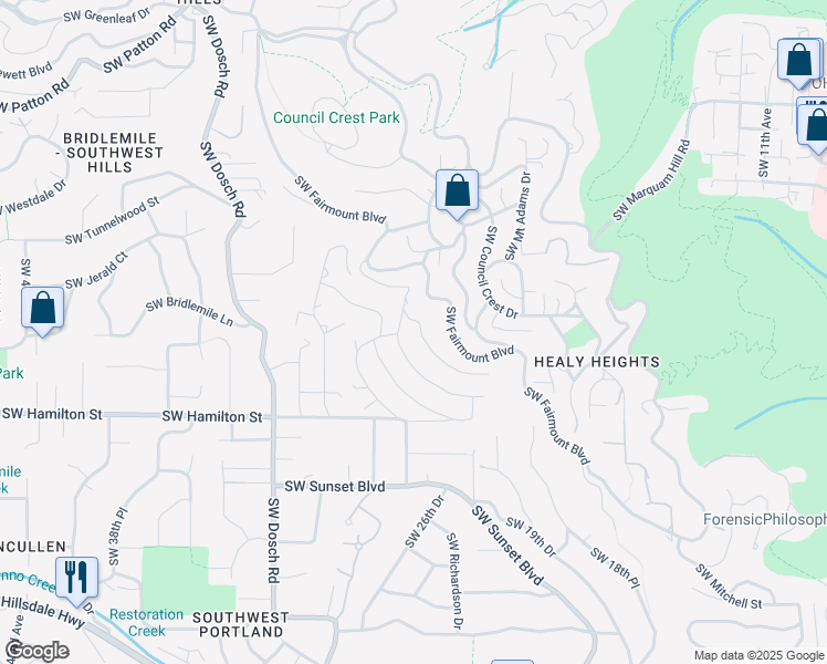 map of restaurants, bars, coffee shops, grocery stores, and more near 4251 Southwest Melville Avenue in Portland