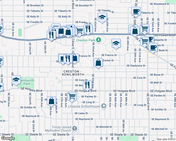 map of restaurants, bars, coffee shops, grocery stores, and more near 4050 Southeast Gladstone Street in Portland