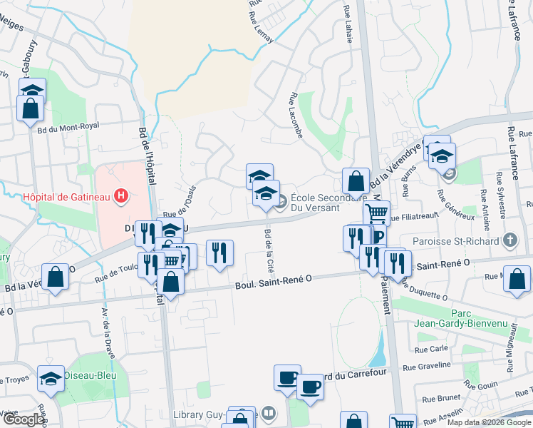 map of restaurants, bars, coffee shops, grocery stores, and more near 811 Boulevard de la Cité in Gatineau