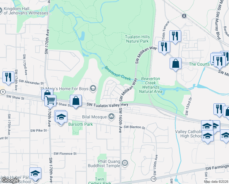 map of restaurants, bars, coffee shops, grocery stores, and more near 16000 Southwest Audubon Street in Beaverton
