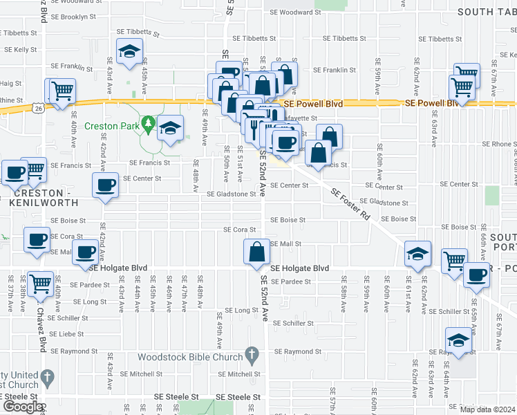 map of restaurants, bars, coffee shops, grocery stores, and more near 4131 Southeast 52nd Avenue in Portland
