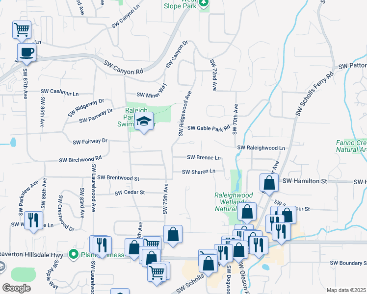 map of restaurants, bars, coffee shops, grocery stores, and more near 7410 Southwest Pineridge Court in Portland