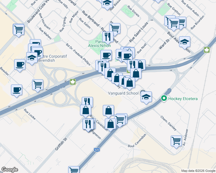map of restaurants, bars, coffee shops, grocery stores, and more near 438 Rue Isabey in Montréal