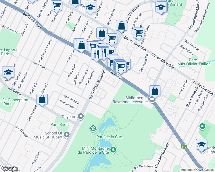 map of restaurants, bars, coffee shops, grocery stores, and more near 5980 Rue de La Tourbière in Longueuil