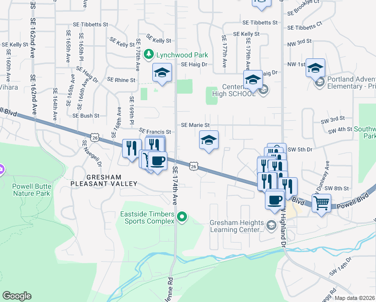 map of restaurants, bars, coffee shops, grocery stores, and more near 3986 Southeast 174th Avenue in Portland