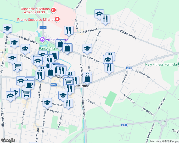 map of restaurants, bars, coffee shops, grocery stores, and more near 72 Via Giovanni Battista Belzoni in Mirano