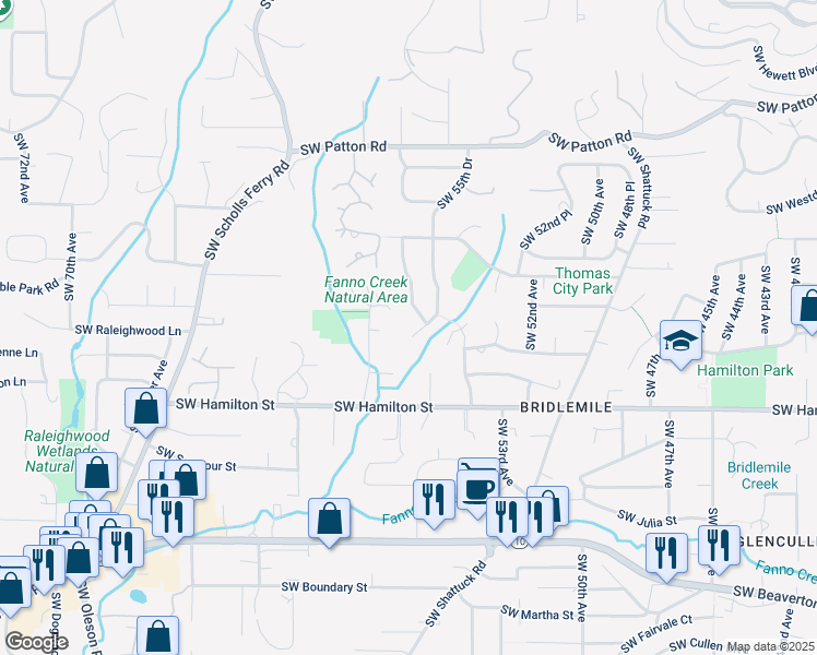 map of restaurants, bars, coffee shops, grocery stores, and more near 4151 Southwest 55th Drive in Portland