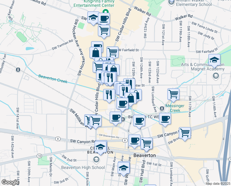 map of restaurants, bars, coffee shops, grocery stores, and more near 3775 Southwest Hall Boulevard in Beaverton
