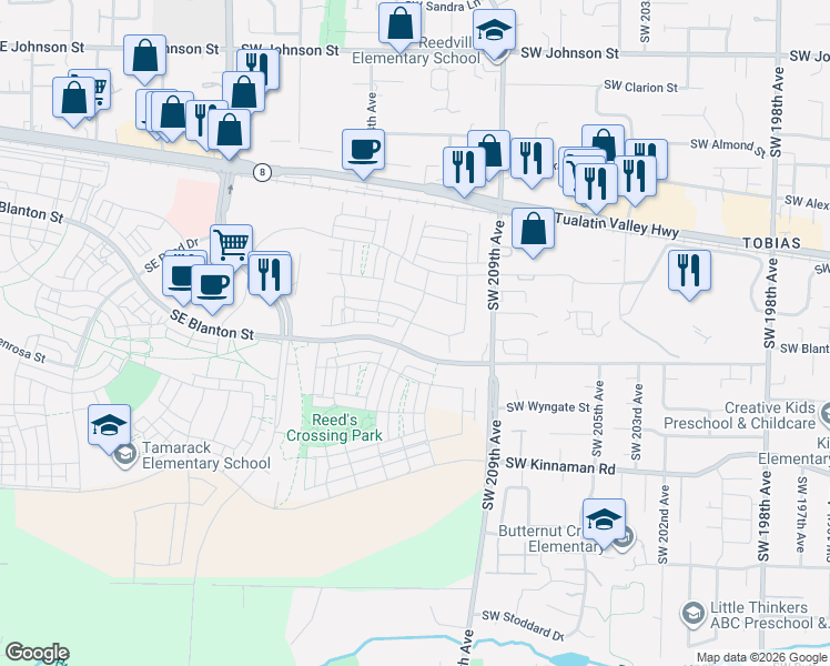 map of restaurants, bars, coffee shops, grocery stores, and more near 3627-3669 Southwest 209th Avenue in Aloha