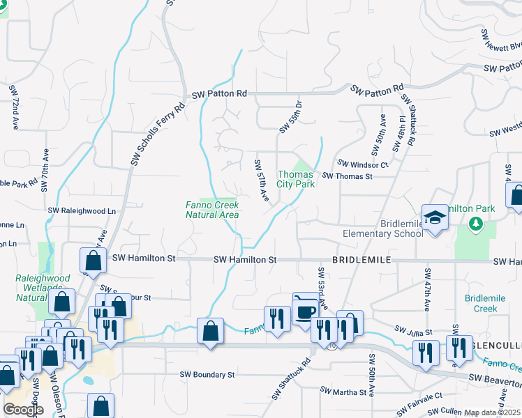 map of restaurants, bars, coffee shops, grocery stores, and more near 4151 Southwest 55th Drive in Portland