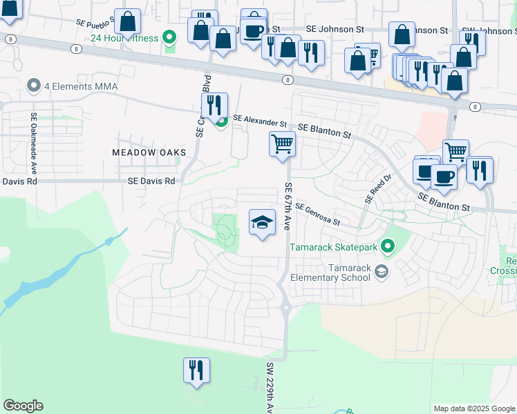 map of restaurants, bars, coffee shops, grocery stores, and more near 6489 Southeast Genrosa Street in Hillsboro