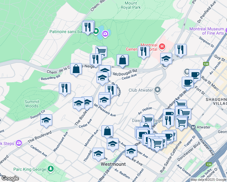 map of restaurants, bars, coffee shops, grocery stores, and more near 3117 Chemin Daulac in Montréal