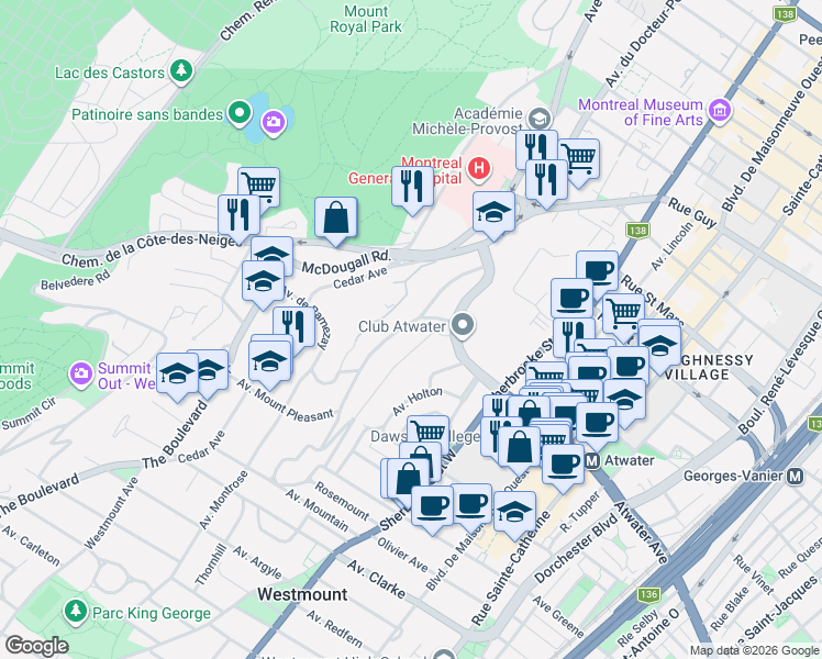 map of restaurants, bars, coffee shops, grocery stores, and more near 3086 Chemin Saint Sulpice in Montréal