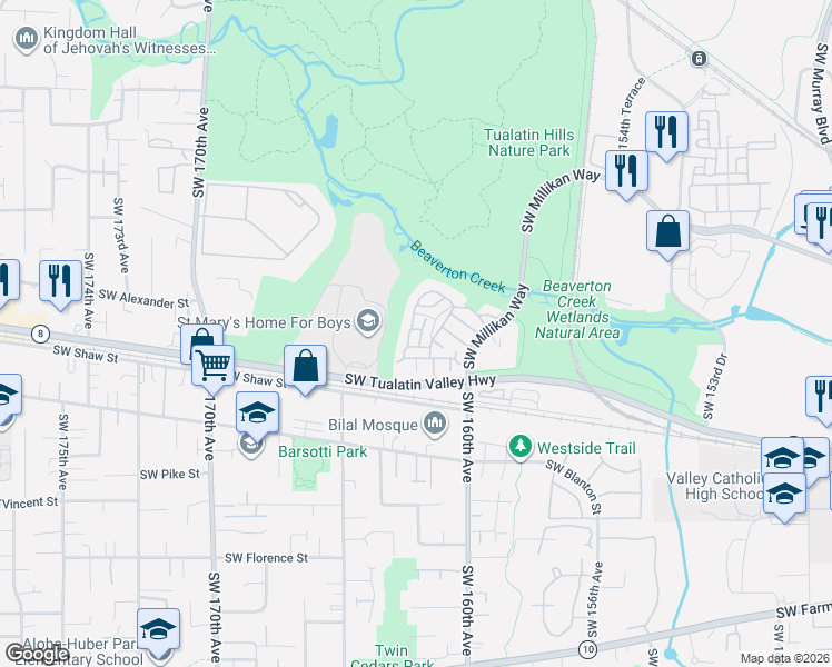map of restaurants, bars, coffee shops, grocery stores, and more near 16199 Southwest Audubon Street in Beaverton