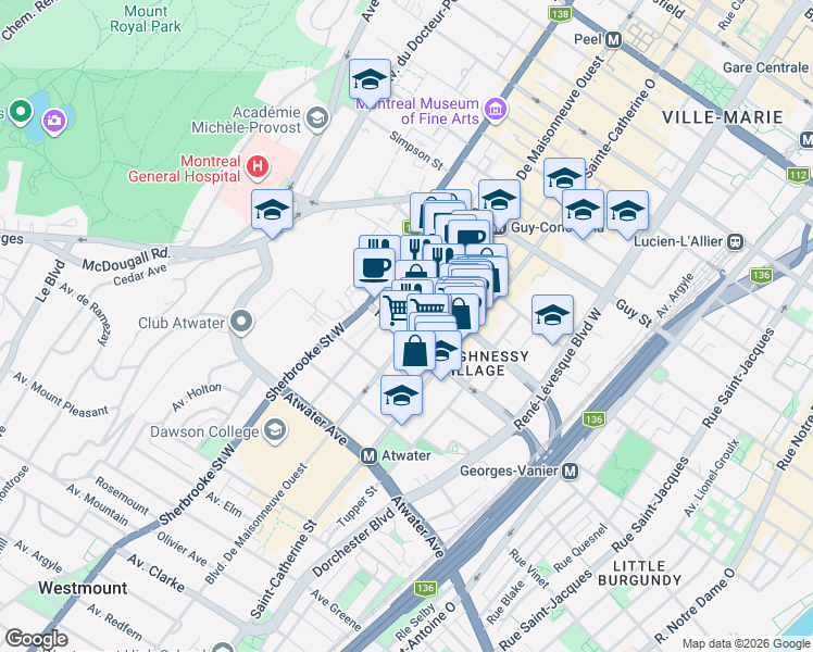 map of restaurants, bars, coffee shops, grocery stores, and more near 1975 Boulevard De Maisonneuve Ouest in Montreal