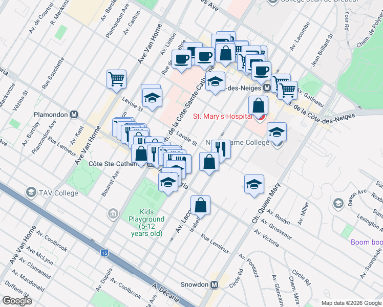map of restaurants, bars, coffee shops, grocery stores, and more near 4665 Avenue Saint-Kevin in Montreal