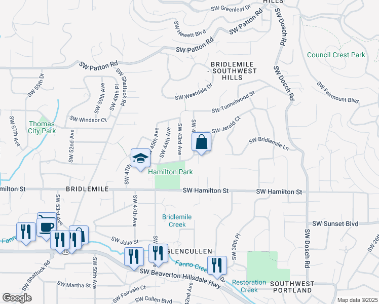 map of restaurants, bars, coffee shops, grocery stores, and more near 4145 Southwest 41st Place in Portland