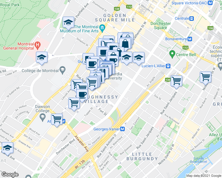 map of restaurants, bars, coffee shops, grocery stores, and more near 1232 Rue Saint Mathieu in Montréal