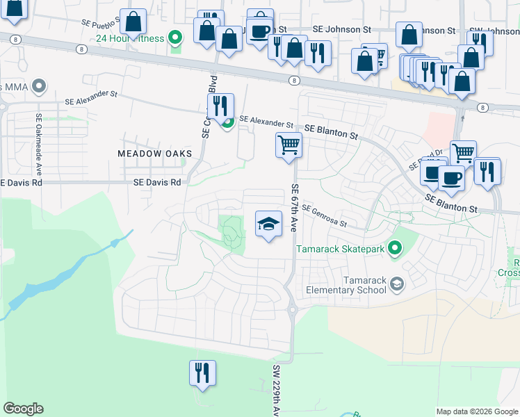 map of restaurants, bars, coffee shops, grocery stores, and more near 6489 Southeast Genrosa Street in Hillsboro