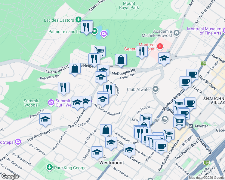 map of restaurants, bars, coffee shops, grocery stores, and more near 3115 Chemin Daulac in Montréal