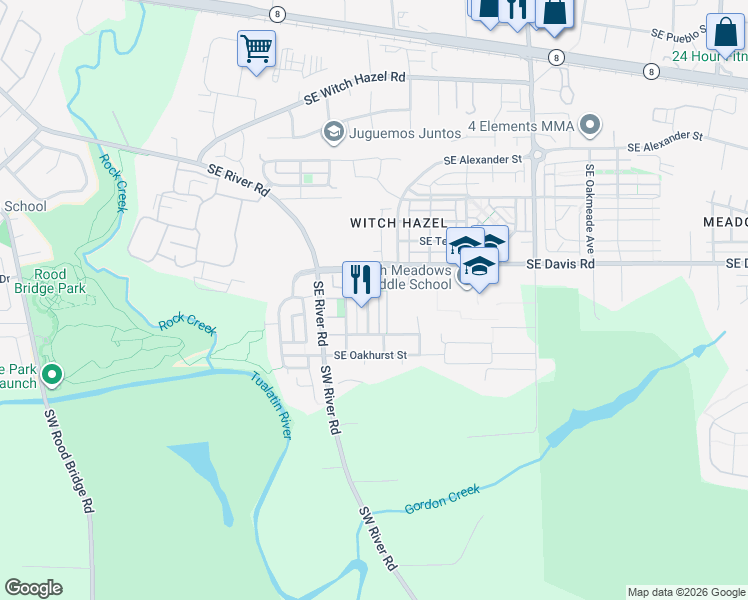 map of restaurants, bars, coffee shops, grocery stores, and more near 3683 Southeast Alexander Street in Hillsboro
