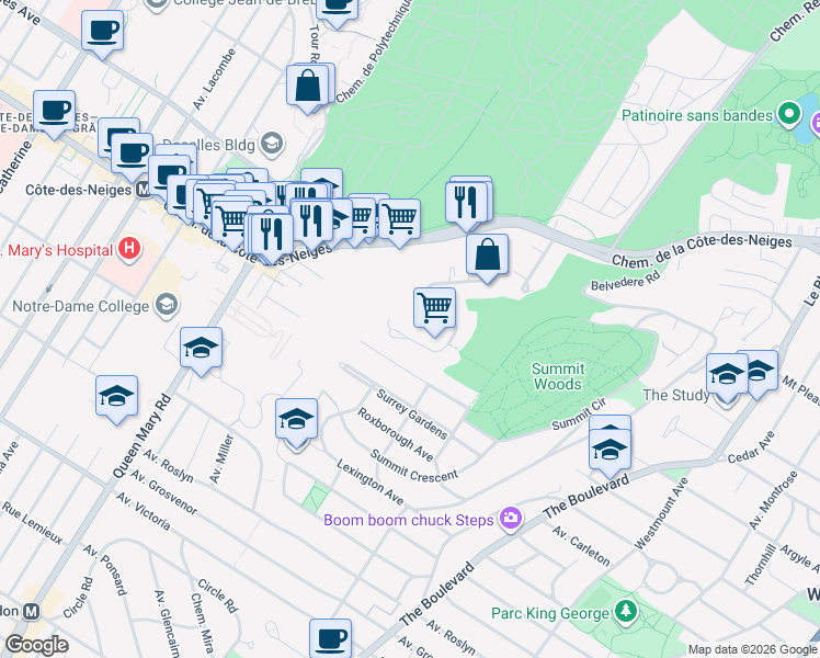 map of restaurants, bars, coffee shops, grocery stores, and more near 3620 Ridgewood Avenue in Montreal