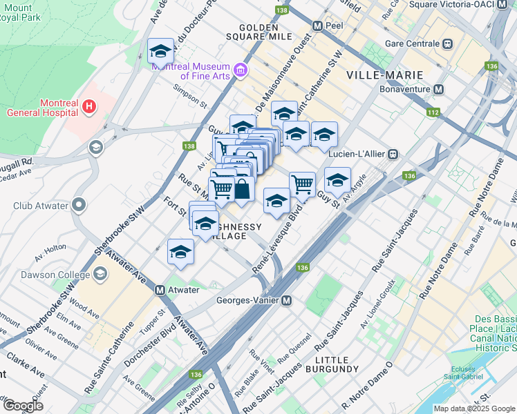 map of restaurants, bars, coffee shops, grocery stores, and more near 1226A Rue Saint Mathieu in Montréal