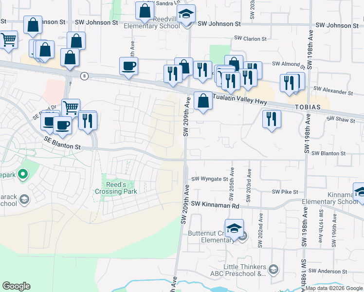 map of restaurants, bars, coffee shops, grocery stores, and more near 3627-3669 Southwest 209th Avenue in Aloha