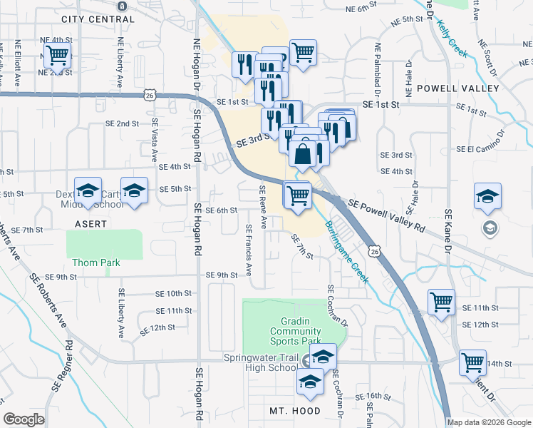 map of restaurants, bars, coffee shops, grocery stores, and more near 515 Southeast Rene Avenue in Gresham