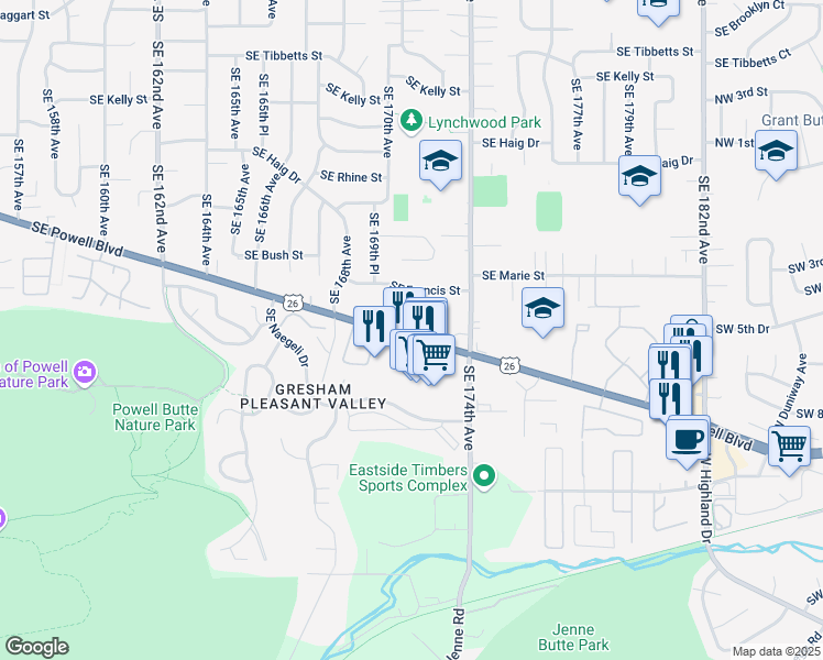map of restaurants, bars, coffee shops, grocery stores, and more near 4003 Southeast 171st Avenue in Portland