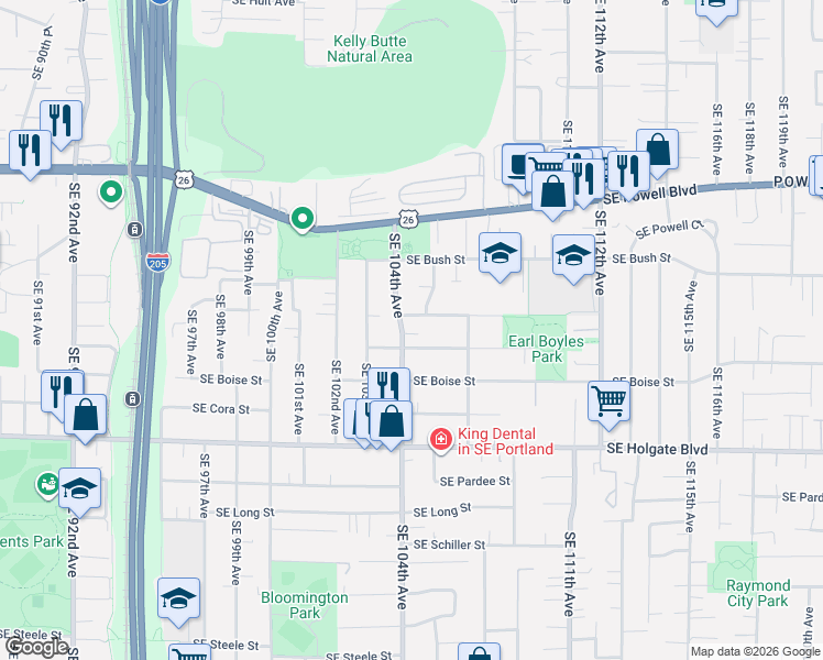 map of restaurants, bars, coffee shops, grocery stores, and more near 3945 Southeast 104th Avenue in Portland