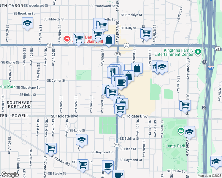 map of restaurants, bars, coffee shops, grocery stores, and more near 8039 Southeast Center Street in Portland