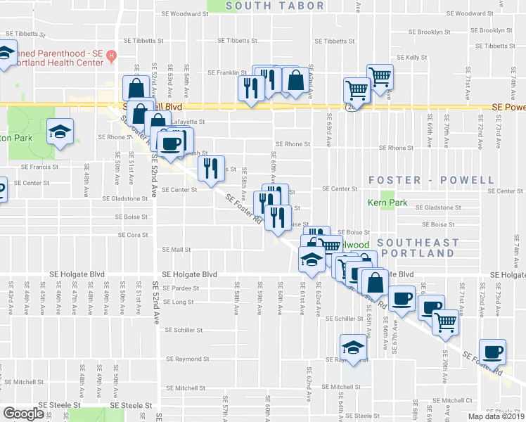 map of restaurants, bars, coffee shops, grocery stores, and more near 5909 Southeast Gladstone Street in Portland