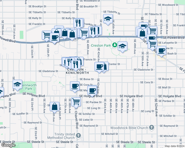 map of restaurants, bars, coffee shops, grocery stores, and more near 4019 Southeast Gladstone Street in Portland