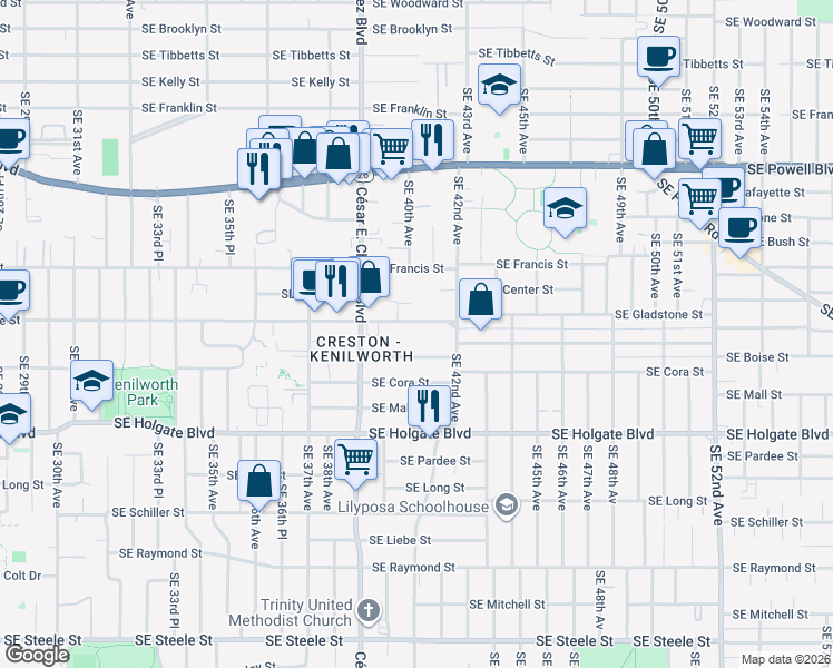 map of restaurants, bars, coffee shops, grocery stores, and more near 4019 Southeast Gladstone Street in Portland