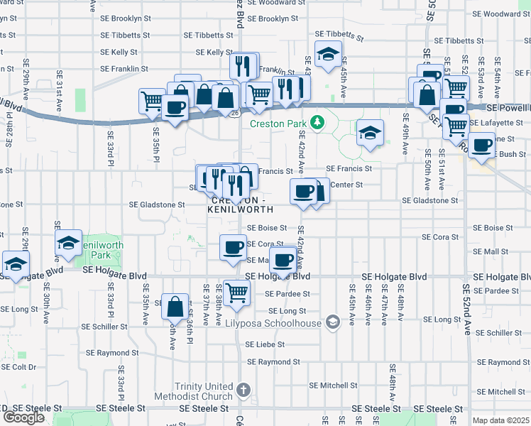map of restaurants, bars, coffee shops, grocery stores, and more near 4019 Southeast Gladstone Street in Portland