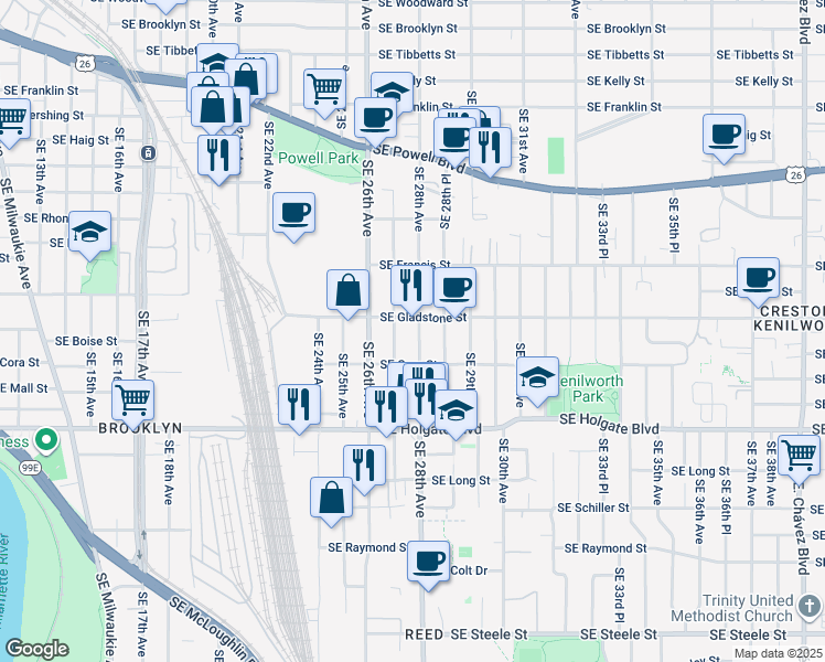 map of restaurants, bars, coffee shops, grocery stores, and more near 2711-2717 Southeast Gladstone Street in Portland