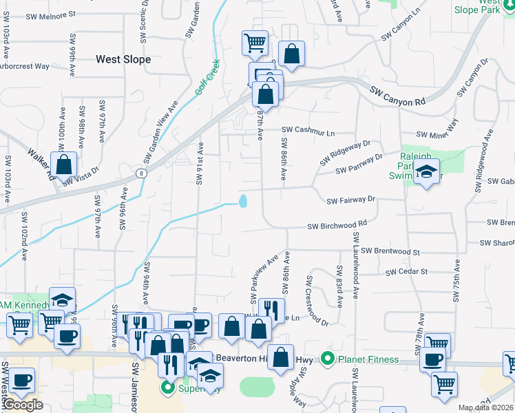 map of restaurants, bars, coffee shops, grocery stores, and more near 3635 Southwest 87th Avenue in Portland