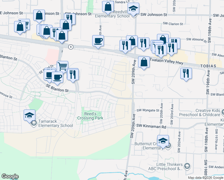 map of restaurants, bars, coffee shops, grocery stores, and more near 3627-3669 Southwest 209th Avenue in Aloha