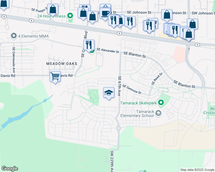 map of restaurants, bars, coffee shops, grocery stores, and more near 6489 Southeast Genrosa Street in Hillsboro