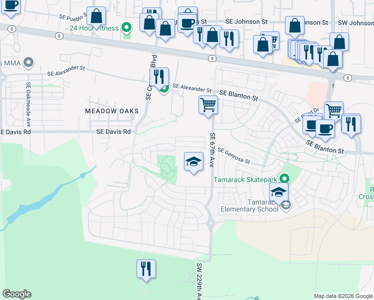 map of restaurants, bars, coffee shops, grocery stores, and more near 6489 Southeast Genrosa Street in Hillsboro