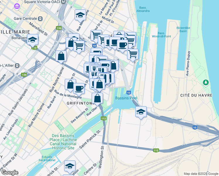 map of restaurants, bars, coffee shops, grocery stores, and more near Rue Smith in Montréal